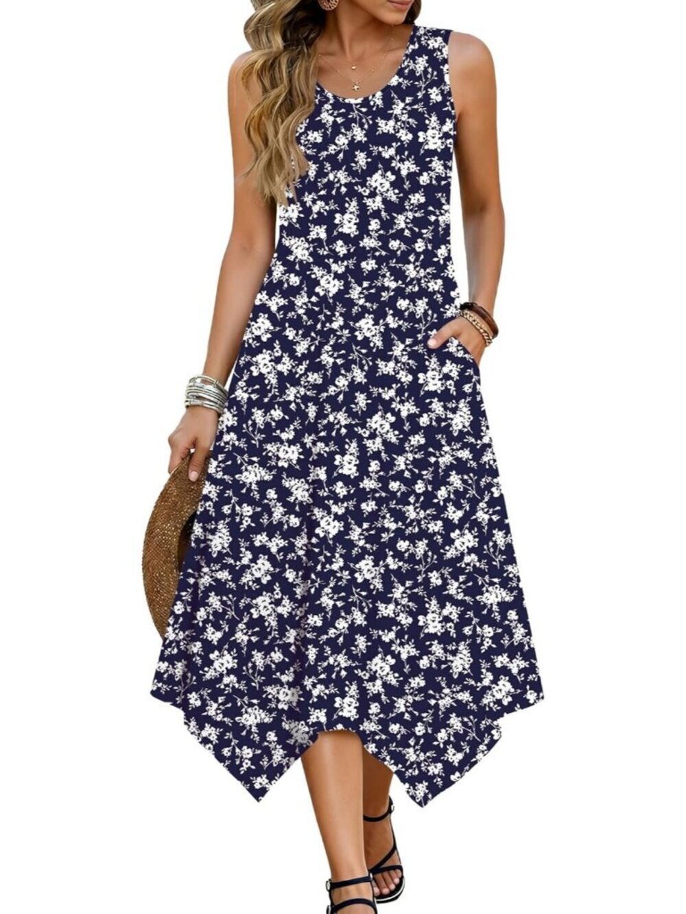 Hotouch Women's Floral Navy Stylish Sleeveless Sundress Hankerchief Beach Dress